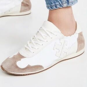 Tory Burch Double T Trainer Sneakers Shoes Suede Leather